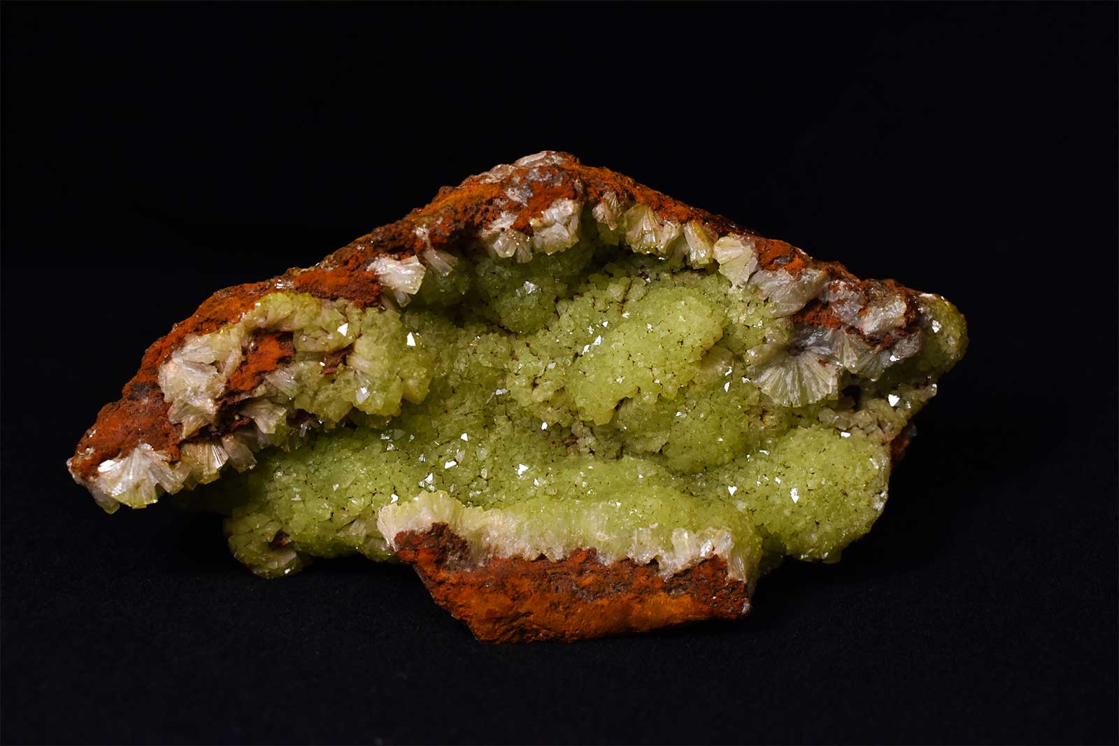A green and white mineral with an orange colored shell