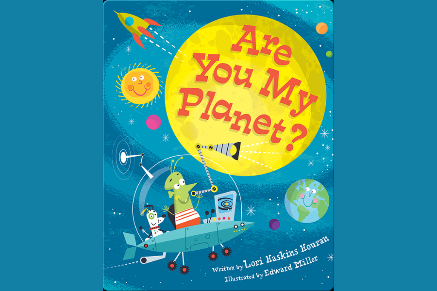 Cartoon space background, with a small green alien in a spaceship