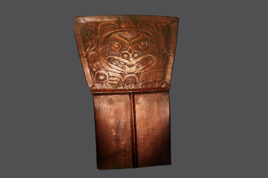 Large Northwest Coast Copper sheet replica with a face of a bear engraved on it