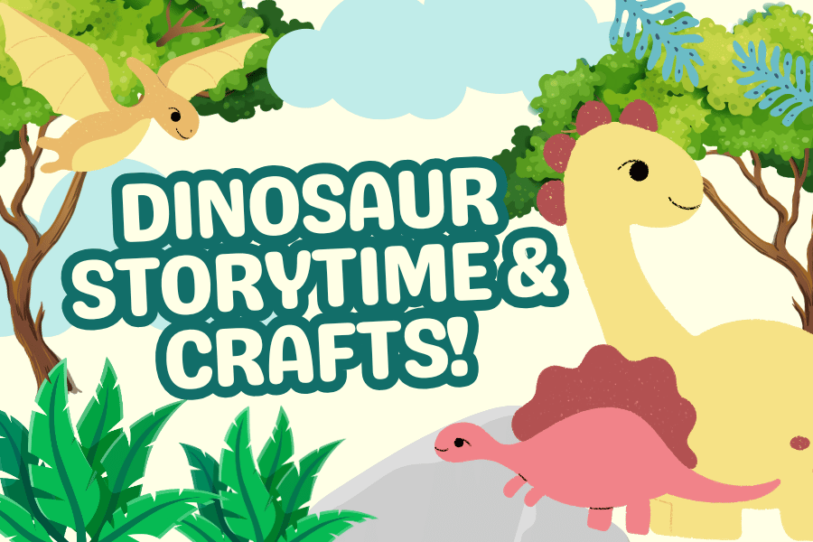 cartoon dinosaurs in front of trees