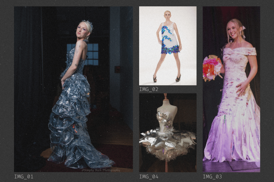 Images of women wearing dresses made of trash