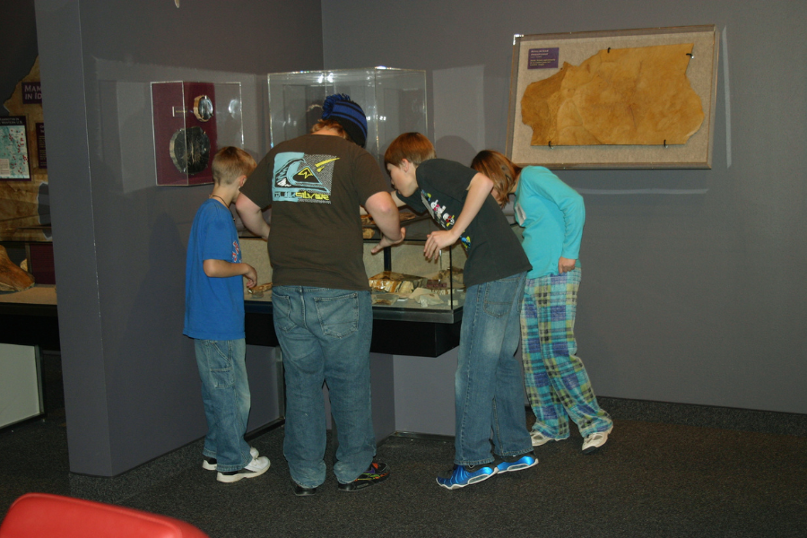 A group of boys looking at a display case feature various artifacts