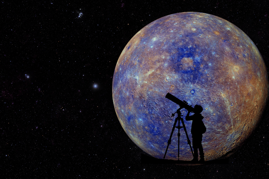 Shadow of a person looking through a telescope in front of a blown up image of Mercury
