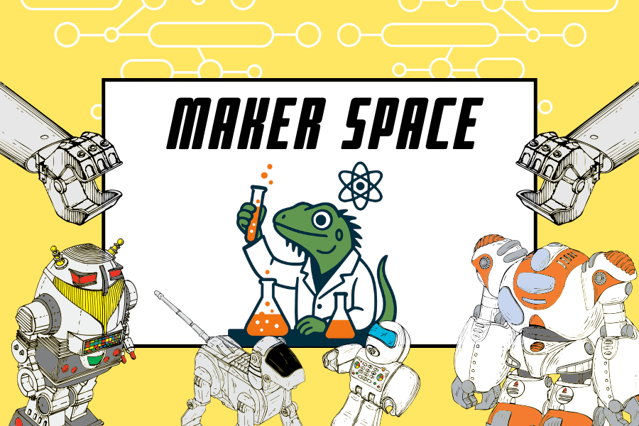 A lizard doing chemistry next to robots