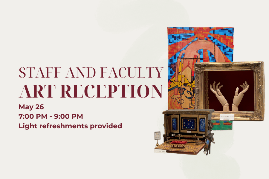 Text of Art Reception over an off white background, with a collage of various art pieces next to it