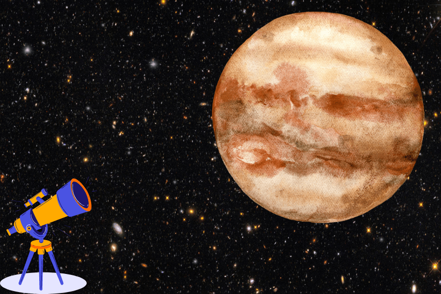 A cartoon telescope pointed at an enlarged image of pluto