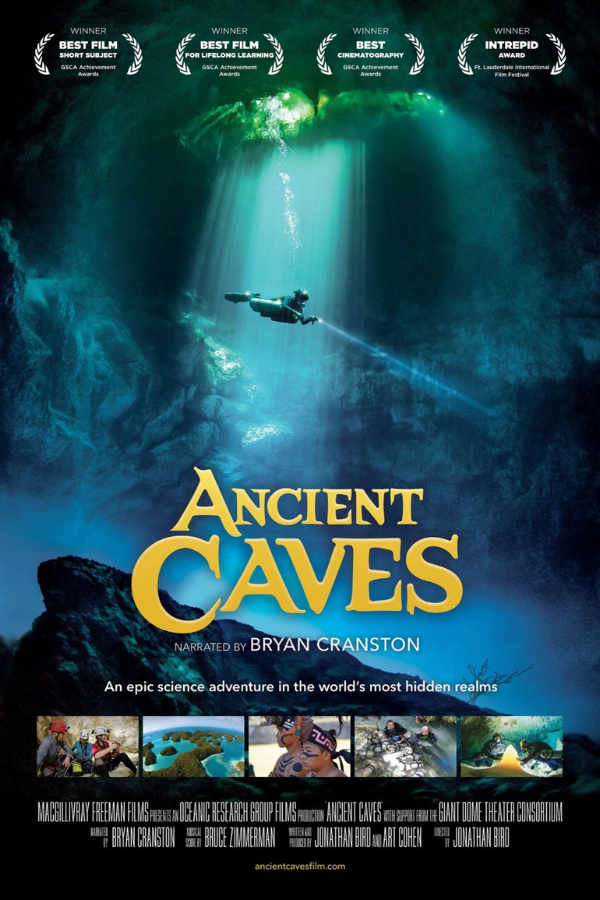 Movie poster style image of an underwater cave diver swimming in a cave