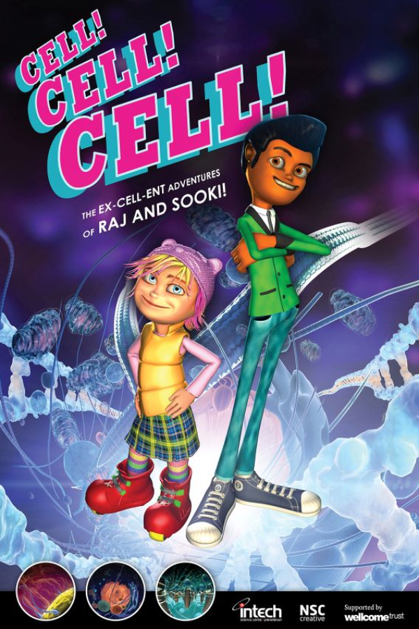Two kids standing next to each other on top of a DNA cell structure