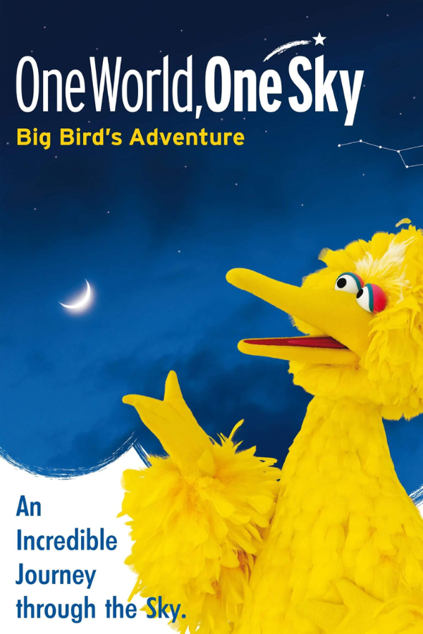 Big Bird from Sesame Street pointing at the sky