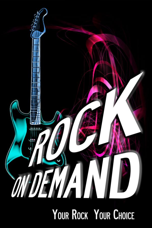 A guitar underneath the words rock on demand