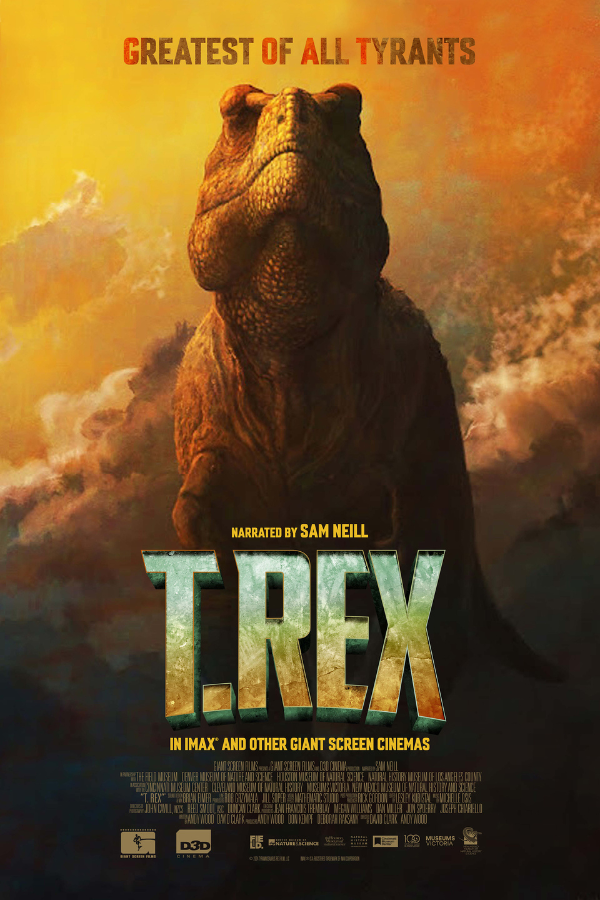 A front facing view of a T-Rex with an orange background