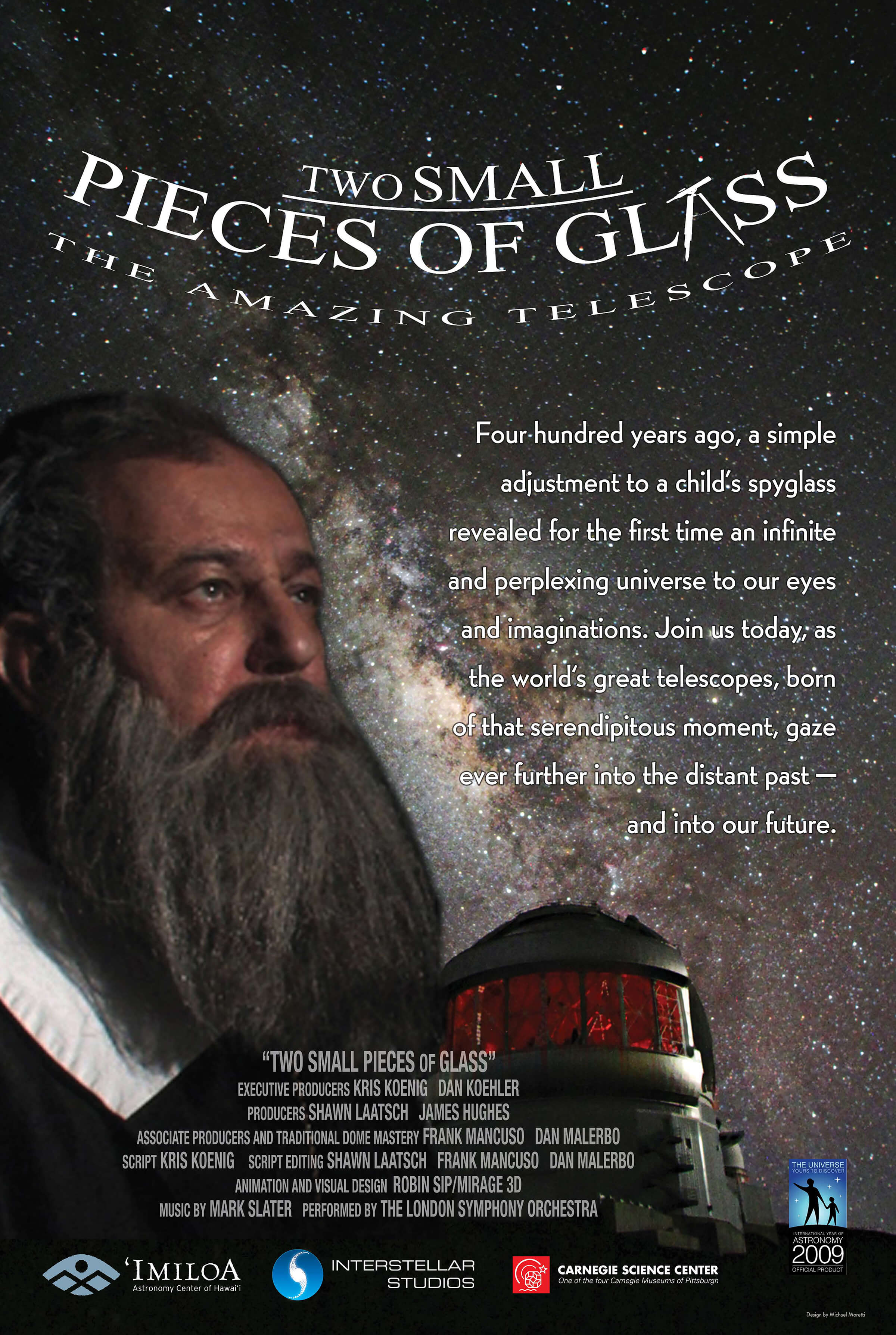 Galello's head enlarged over a Planetarium with the night sky in the background