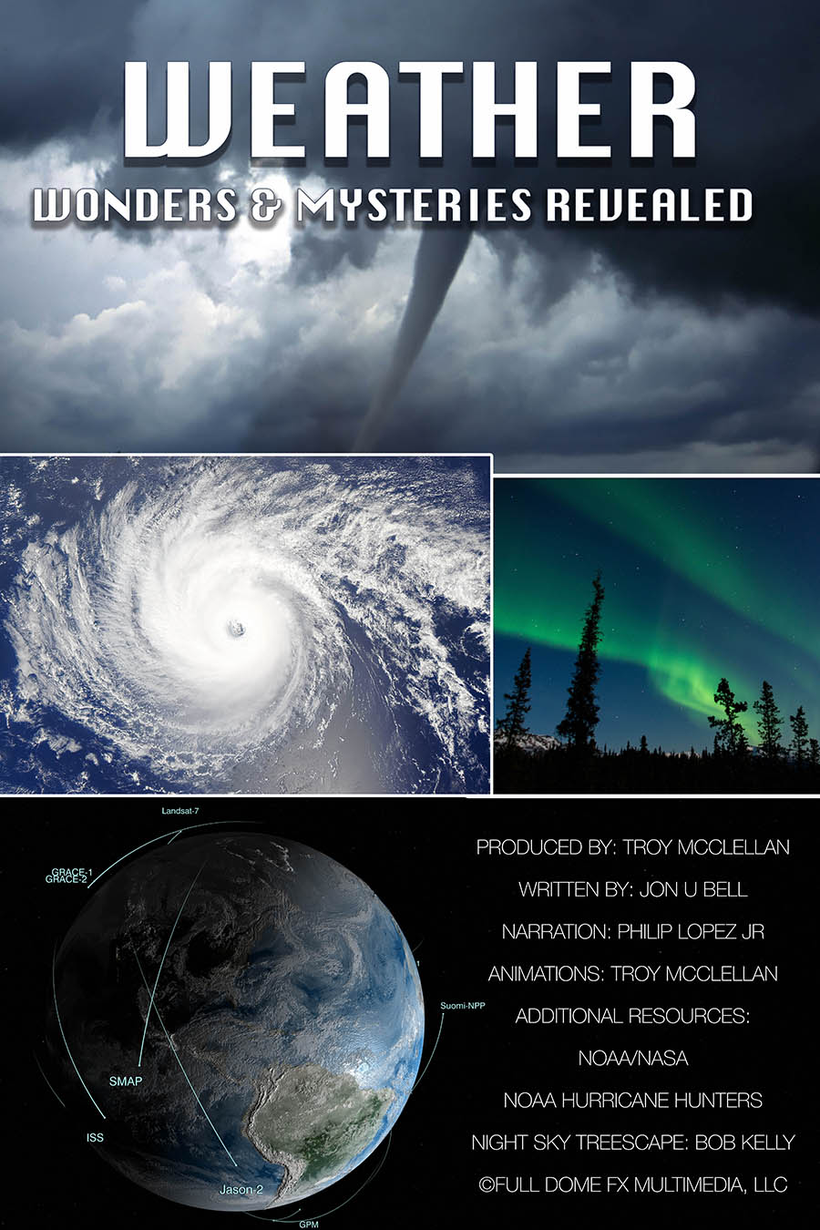 Images of various types of storms including tornadoes and hurricanes