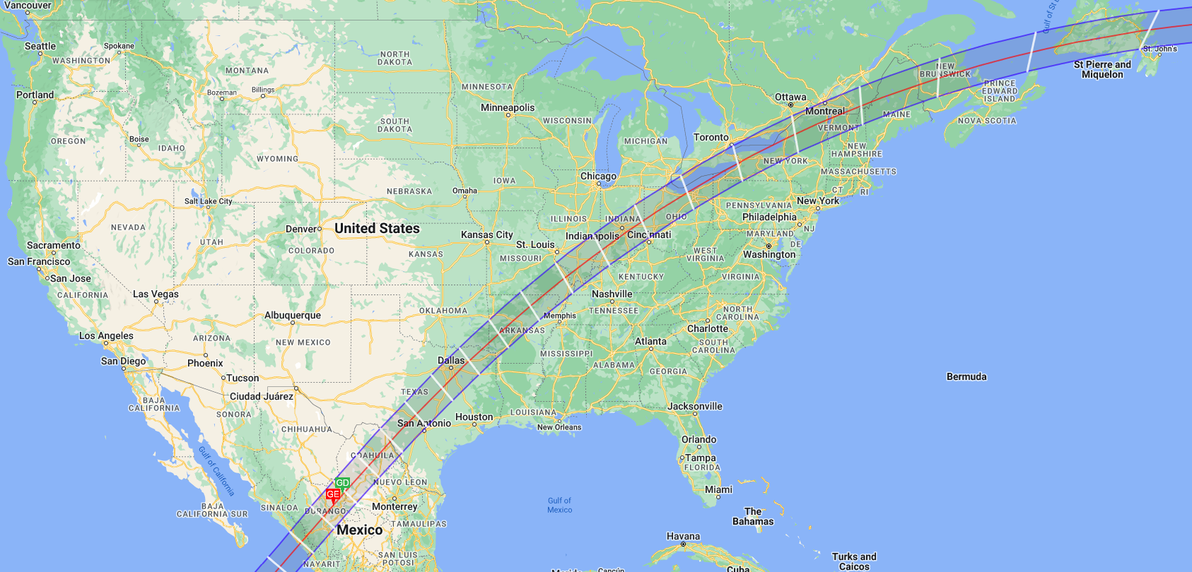 Path of totality of the April 08, 2024 solar eclipse